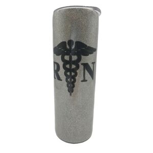 RN Silver Skinny Tumbler Stainless Steel Coffee Cup 16 oz Glitter Monogram Carla
